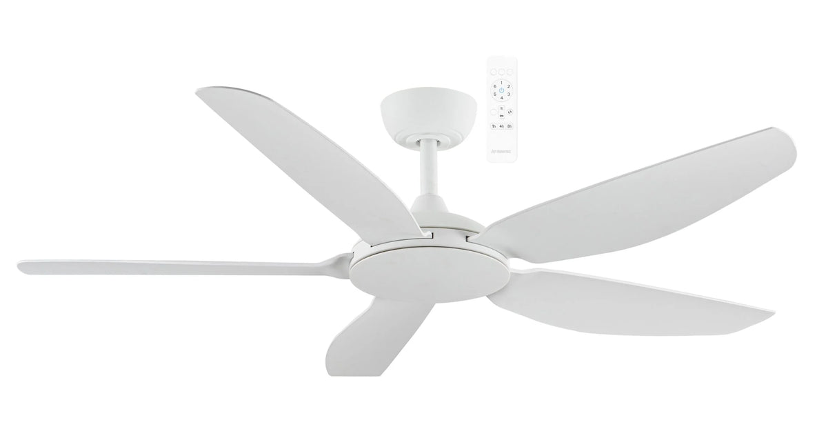 White Energy-efficient Martec Esprit DC ceiling fan for modern interiors with four blades on a white background