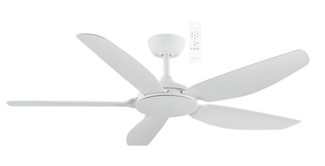 White Energy-efficient Martec Esprit DC ceiling fan for modern interiors with four blades on a white background