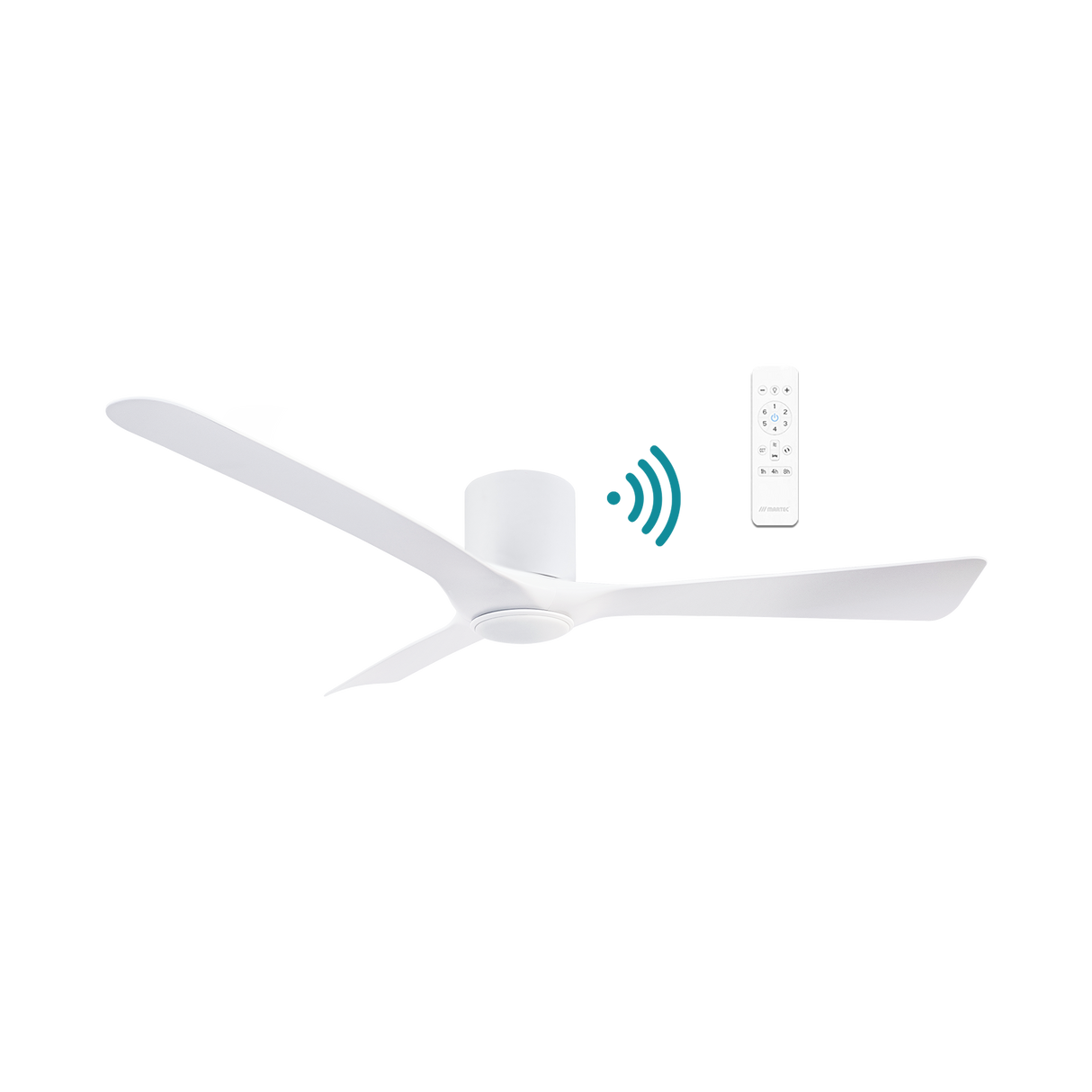 Energy saving DC motor ceiling fan by Martec Fresno with LED and remote control on a white background