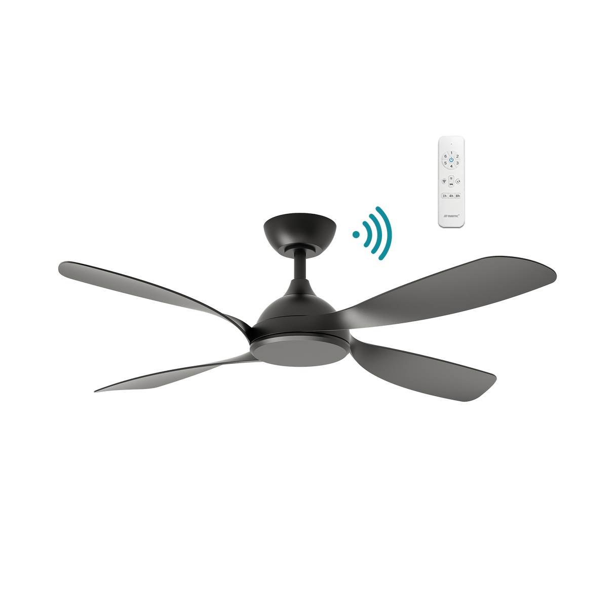 Black Quiet and stylish DC ceiling fan with WiFi control by Martec Hampton.