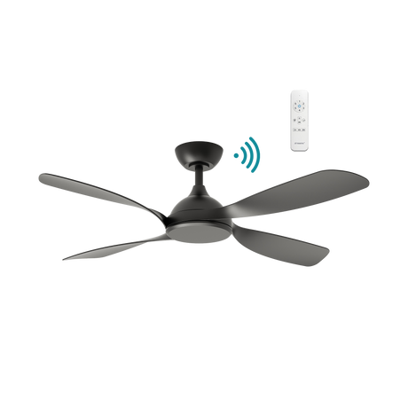 Black Quiet and stylish DC ceiling fan with WiFi control by Martec Hampton.