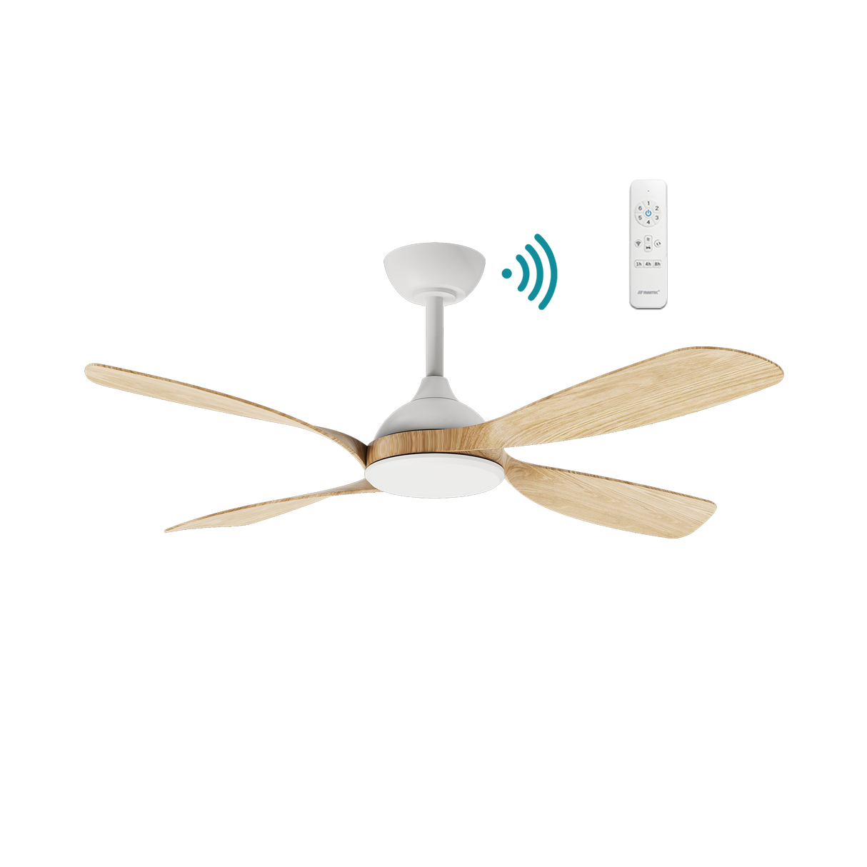 White Oak Sleek Martec Hampton DC ceiling fan with WiFi and remote operation. 