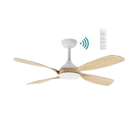 White Oak Sleek Martec Hampton DC ceiling fan with WiFi and remote operation. 