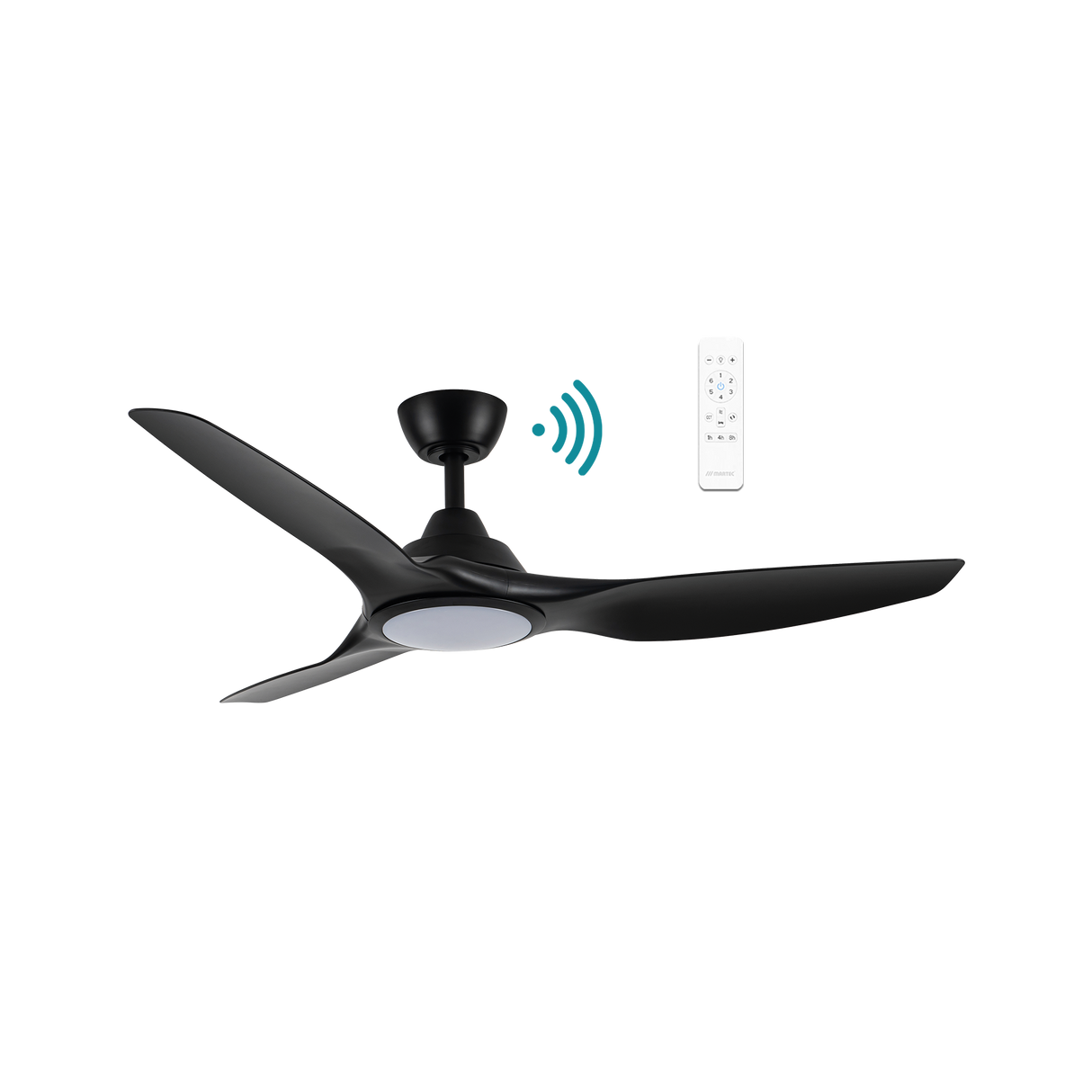 Black Sleek Martec Impact DC ceiling fan with WiFi, remote, and energy-saving LED light.