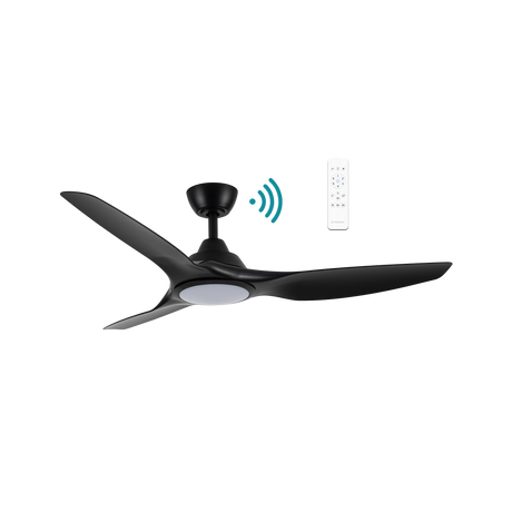 Black Sleek Martec Impact DC ceiling fan with WiFi, remote, and energy-saving LED light.