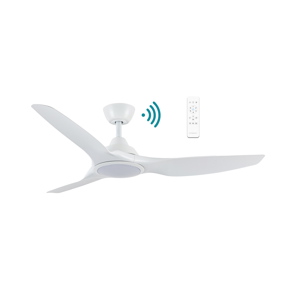 White Stylish DC ceiling fan with WiFi connectivity and LED light from Martec.