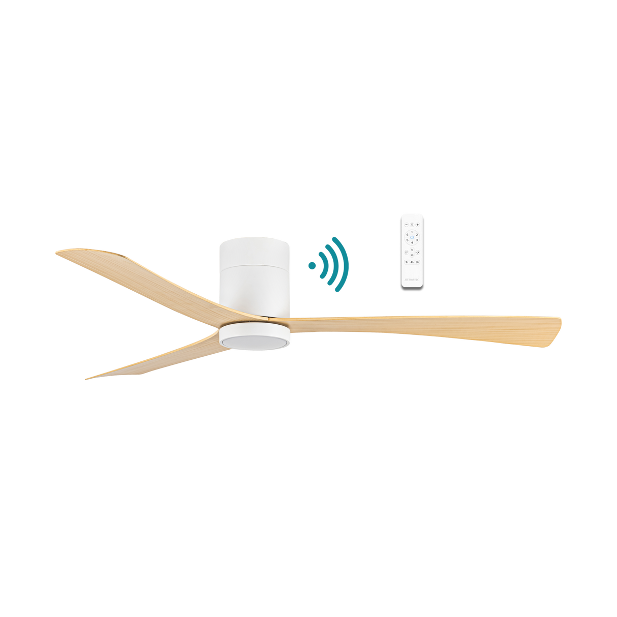 White Oak Modern 52-inch Martec Metro DC smart ceiling fan installed in living room.