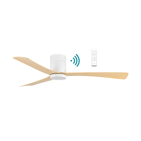 White Oak Modern 52-inch Martec Metro DC smart ceiling fan installed in living room.