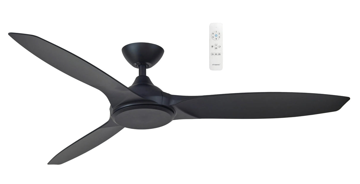 Black Elegant white Martec Newport smart DC ceiling fan with WiFi access with remote control on a white background