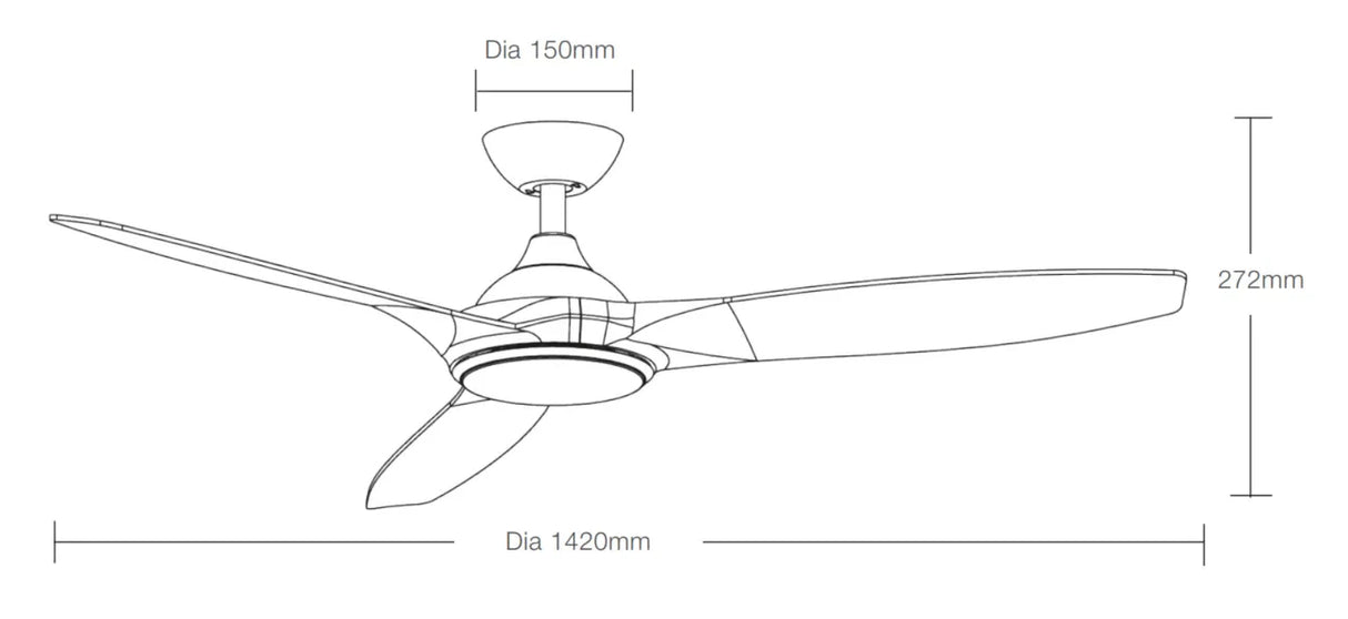 Dimension of a Stylish white Martec Newport smart ceiling fan with LED lighting