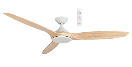 High performance energy saving Martec Newport smart ceiling fan with wooden blades and white base on a white background