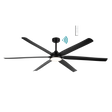 Black Energy-efficient Martec Osprey DC ceiling fan with integrated LED light with remote control on a white background