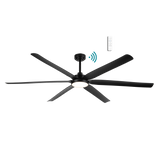 Black Energy-efficient Martec Osprey DC ceiling fan with integrated LED light with remote control on a white background
