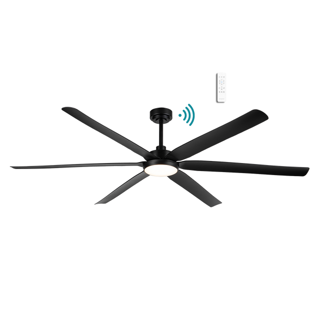 Black Energy-efficient Martec Osprey DC ceiling fan with integrated LED light with remote control on a white background