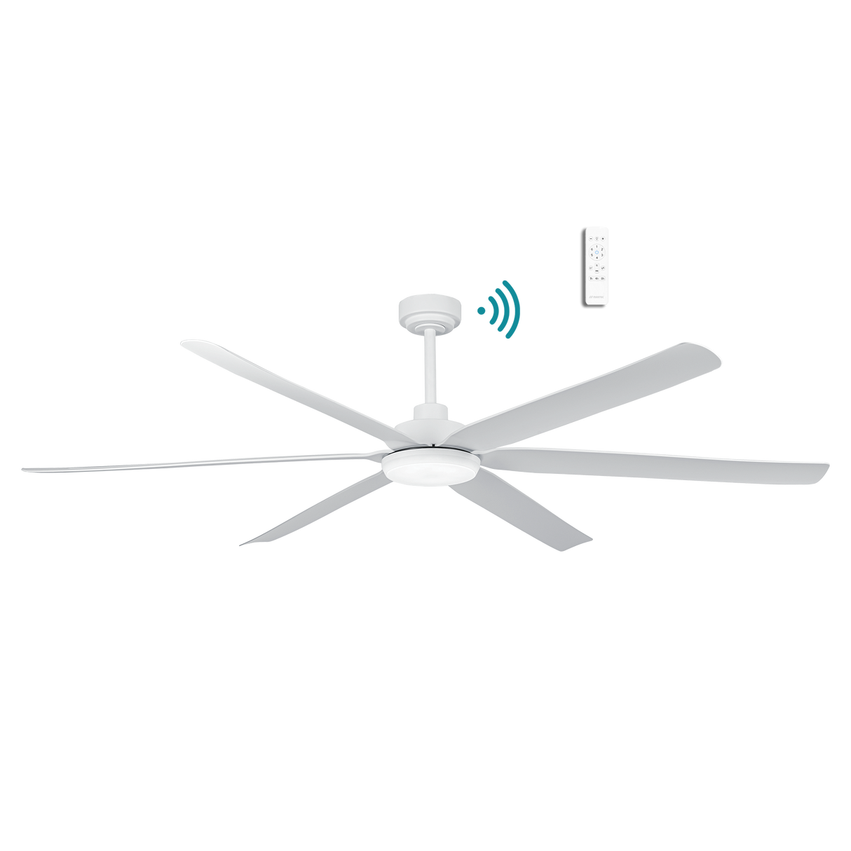 Stylish DC ceiling fan with WiFi connectivity and LED light from Martec Osprey with light on a white background