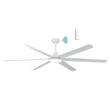 Stylish DC ceiling fan with WiFi connectivity and LED light from Martec Osprey with light on a white background