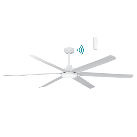 Stylish DC ceiling fan with WiFi connectivity and LED light from Martec Osprey with light on a white background