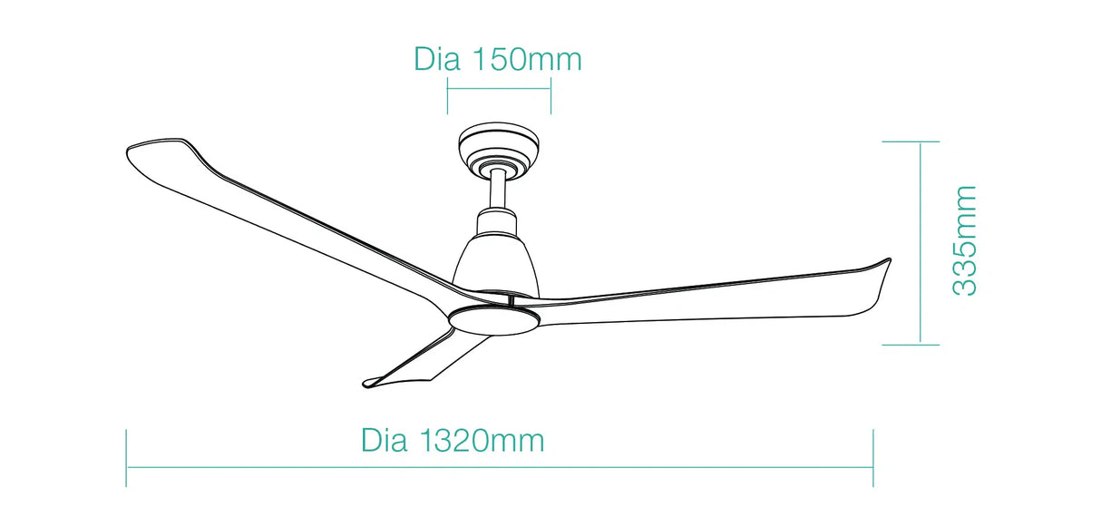 Smart DC motor ceiling fan by Martec Polo with energy-saving design with dimensions labeled on a white background