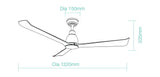 Smart DC motor ceiling fan by Martec Polo with energy-saving design with dimensions labeled on a white background