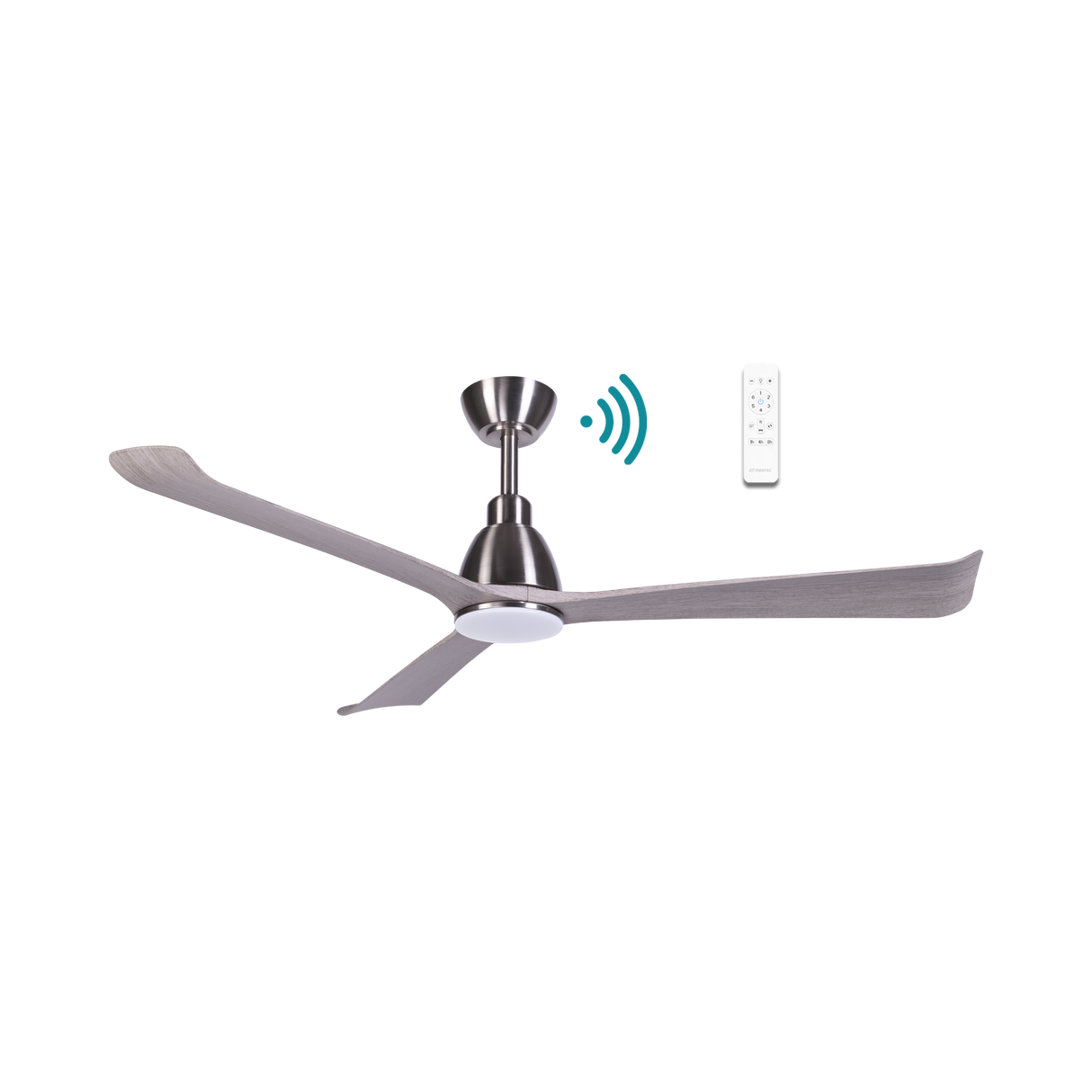 Sleek Martec Polo DC ceiling fan with WiFi, remote, and energy-saving LED light with remote control on a white background