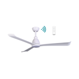 White Energy-efficient Martec Polo DC ceiling fan with integrated LED light with remote control on a white background