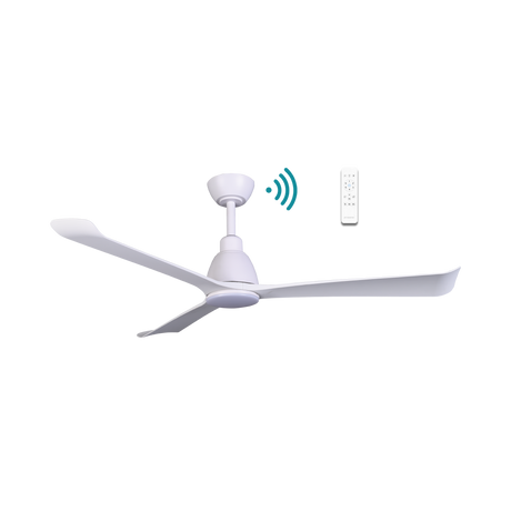 White Energy-efficient Martec Polo DC ceiling fan with integrated LED light with remote control on a white background