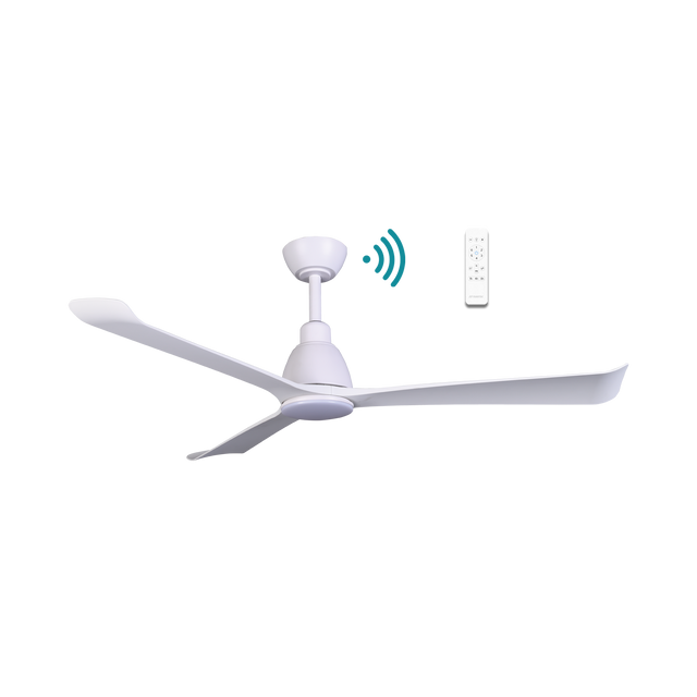 White Energy-efficient Martec Polo DC ceiling fan with integrated LED light with remote control on a white background