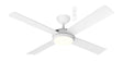 White Elegant 52 inch Martec Quantum LED ceiling fan for bedrooms and living areas with light on a white background