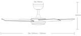 Technical drawing of a Energy-saving Martec Quantum DC ceiling fan with integrated LED light and dimensions labeled