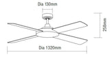 Dimension and technical drawing of Quiet performance Martec Razor 52 inch AC ceiling fan