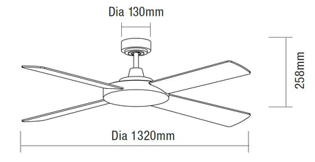 Dimension and technical drawing of Quiet performance Martec Razor 52 inch AC ceiling fan