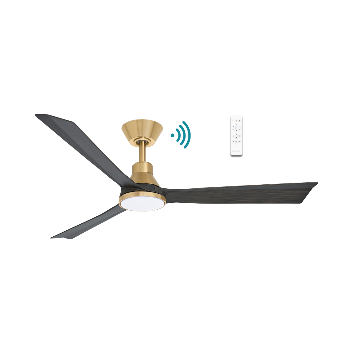 Sleek Martec Riviera DC ceiling fan with WiFi, remote, and energy-saving LED light with gold finish and black blades on a white background