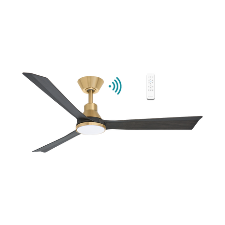 Sleek Martec Riviera DC ceiling fan with WiFi, remote, and energy-saving LED light with gold finish and black blades on a white background