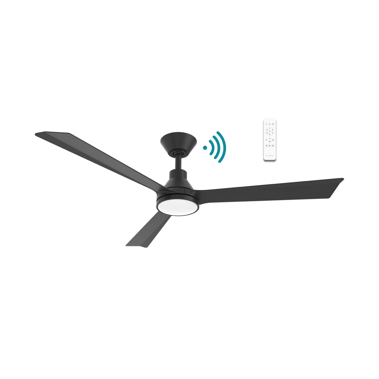 Black Energy-efficient Martec Riviera DC ceiling fan with integrated LED light with remote control on a white background