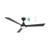 Black Energy-efficient Martec Riviera DC ceiling fan with integrated LED light with remote control on a white background