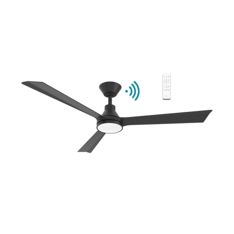 Black Energy-efficient Martec Riviera DC ceiling fan with integrated LED light with remote control on a white background