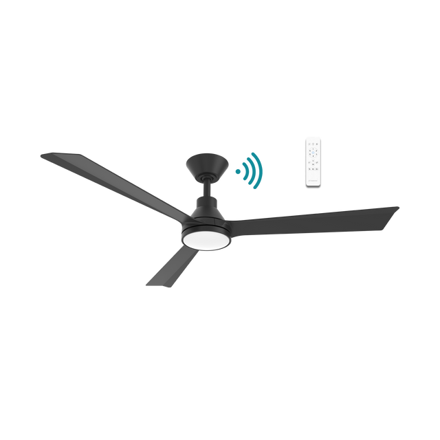 Black Energy-efficient Martec Riviera DC ceiling fan with integrated LED light with remote control on a white background