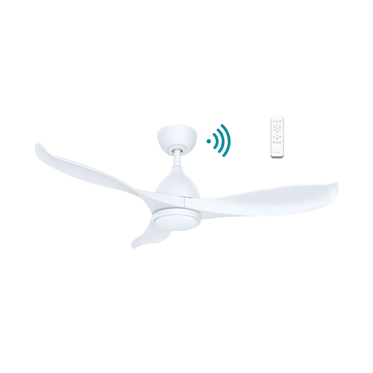 White Stylish DC ceiling fan with WiFi connectivity and LED light from Martec Scorpionwith remote control on a white background