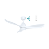 White Stylish DC ceiling fan with WiFi connectivity and LED light from Martec Scorpionwith remote control on a white background