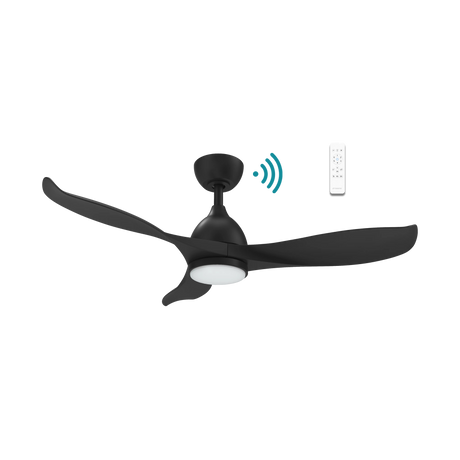 Sleek Martec Scorpion DC ceiling fan with WiFi, remote, and energy-saving LED light with remote control on a white background