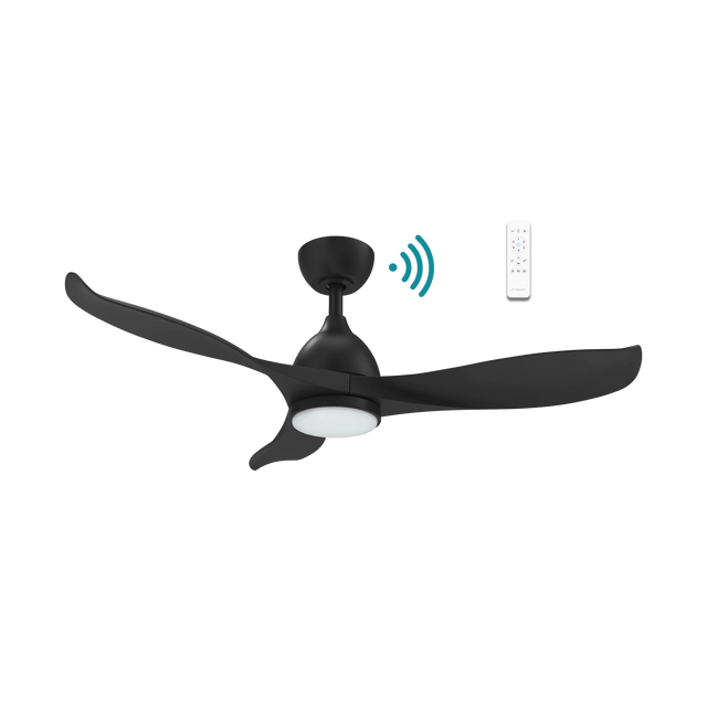 Sleek Martec Scorpion DC ceiling fan with WiFi, remote, and energy-saving LED light with remote control on a white background