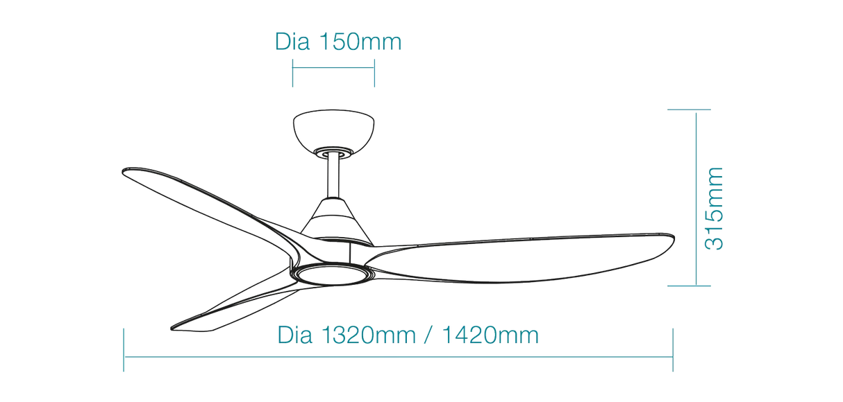 Dimension of a Modern Martec Seaforth smart DC ceiling fan with energy efficient LED lighting