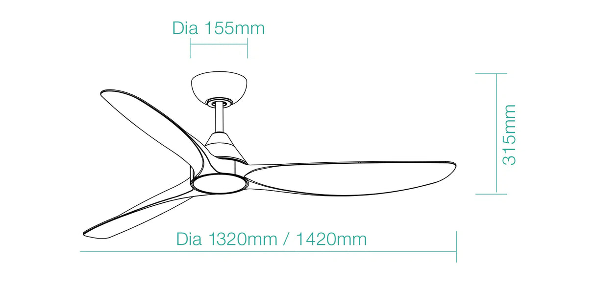 Dimension of a High-performance smart DC ceiling fan by Martec Seaforth.