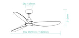 Dimension of a High-performance smart DC ceiling fan by Martec Seaforth.