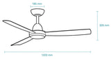 Dimension of a Stylish ceiling fan with DC motor and LED lighting from Martec Zorro.