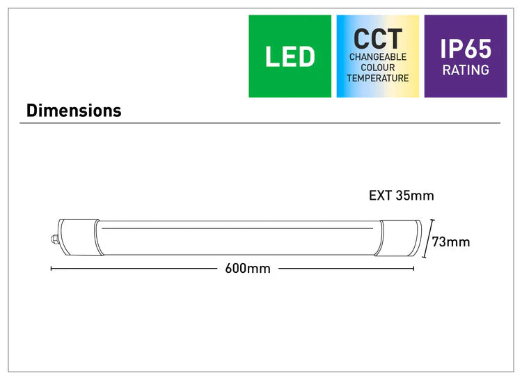 Durable and energy-efficient Mercator Cody LED batten light fitting dimensions with features on a white background