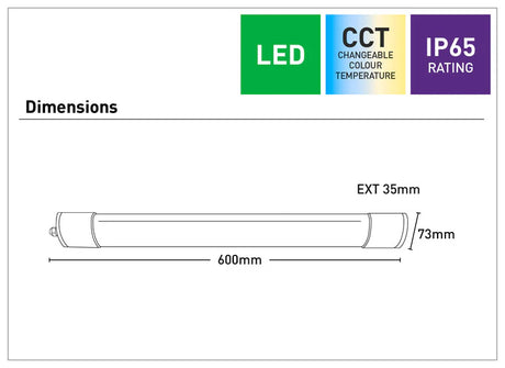 Durable and energy-efficient Mercator Cody LED batten light fitting dimensions with features on a white background