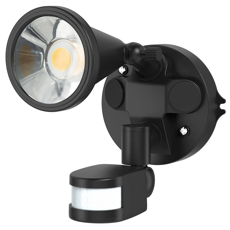 Black outdoor Durable weatherproof Mercator Lumio COB LED floodlight with motion sensor on a white background