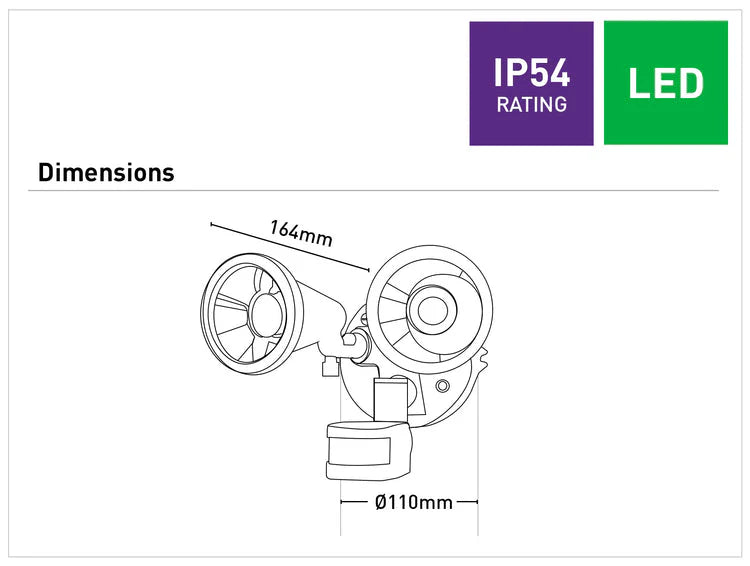 Technical diagram of a Weatherproof Mercator Lumio twin head LED floodlight for outdoors with dimensions and IP54 rating on a white background.