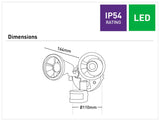 Technical diagram of a Weatherproof Mercator Lumio twin head LED floodlight for outdoors with dimensions and IP54 rating on a white background.